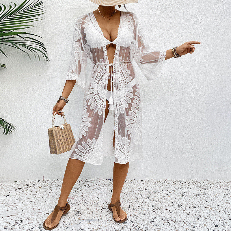 Transparenter Strandüberwurf für Damen mit elegantem Häkelmuster, Größe S