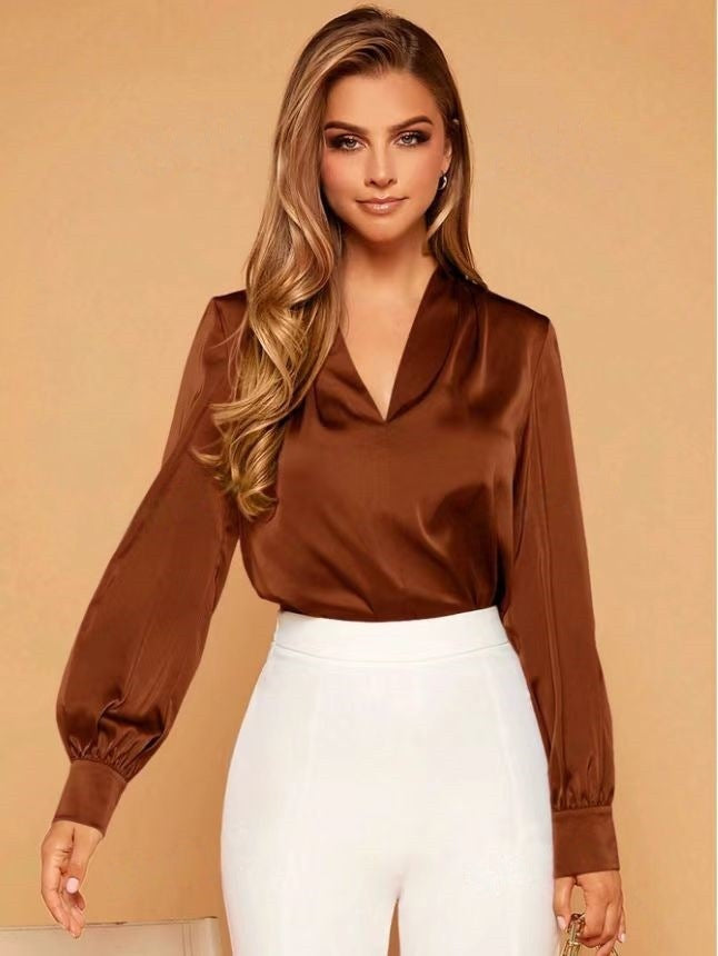 Valenzora | V-neck long-sleeved satin blouse