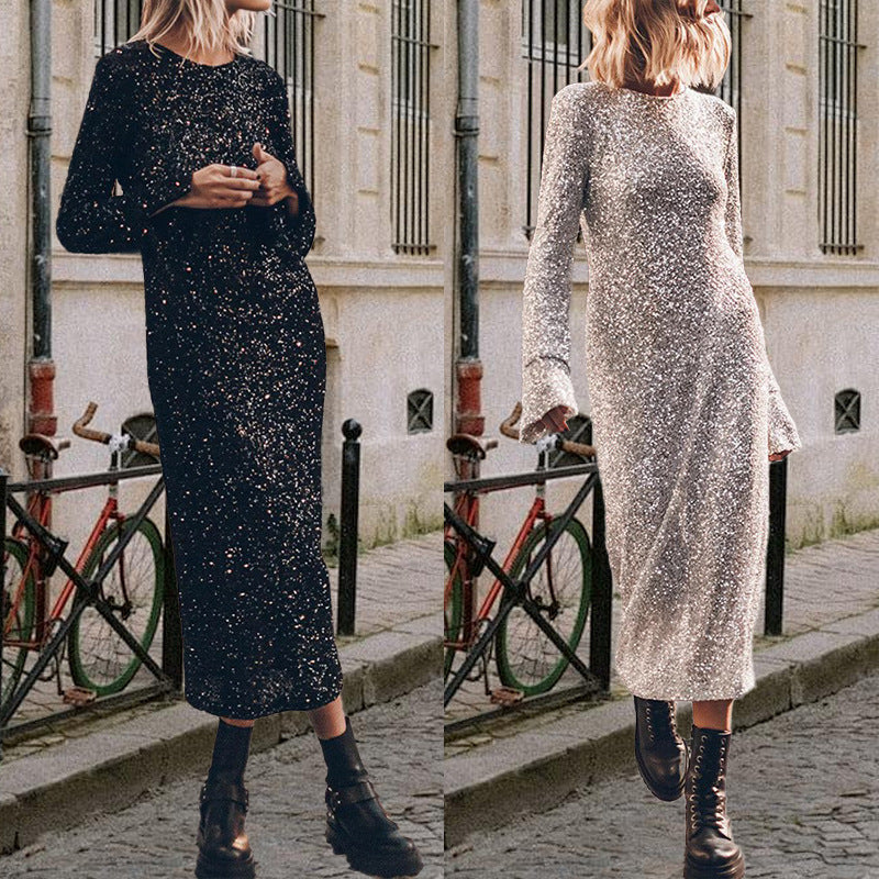 Women's glittery midi dress with an elegant round neckline and figure-flattering cut, size [size]