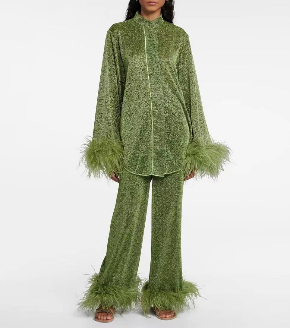 Valenzora | Autumn Winter Feather Stand-up Collar Long Sleeve Top and Trousers Set