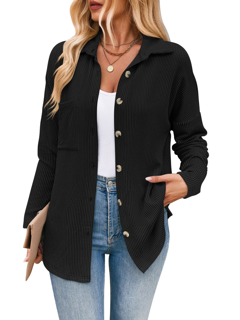Women's casual cardigan with button placket, size