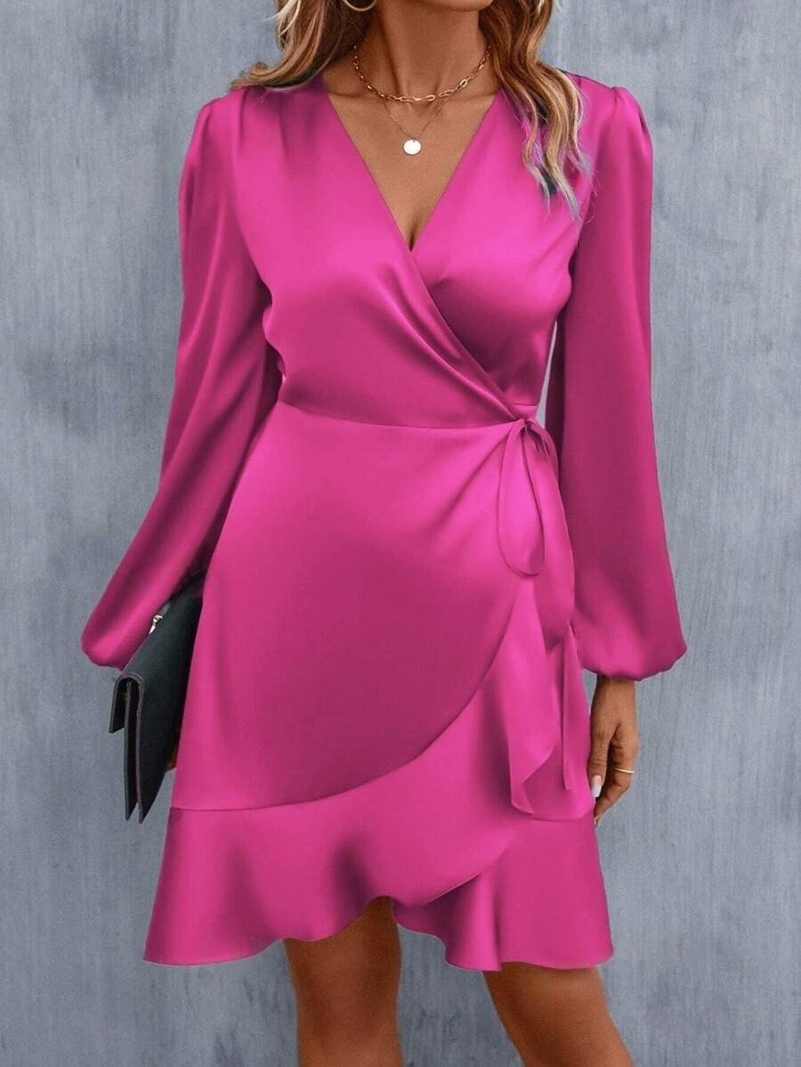 Valenzora | V-Ausschnitt-Kleid, Satin, tailliert, tiefer Ausschnitt, lässiges Midikleid, süße Damenbekleidung