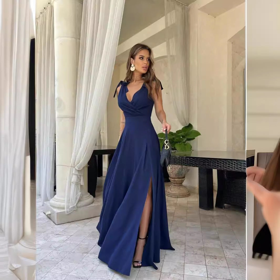 Valenzora | Solid Color Tie Backless Split Sleeveless Dress