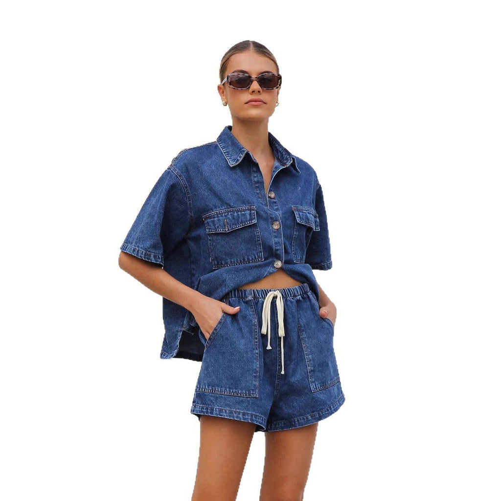 Women's denim crop top and shorts set with practical pockets and a relaxed fit, size S
