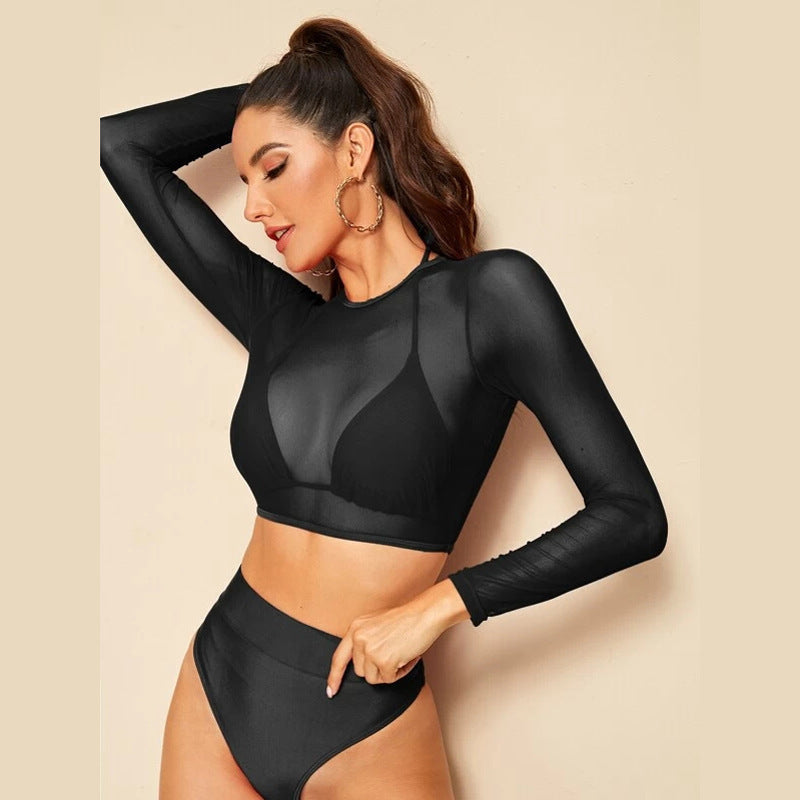Damen Sport-Bikini-Set mit langärmligem Oberteil und hoher Taille, Größe