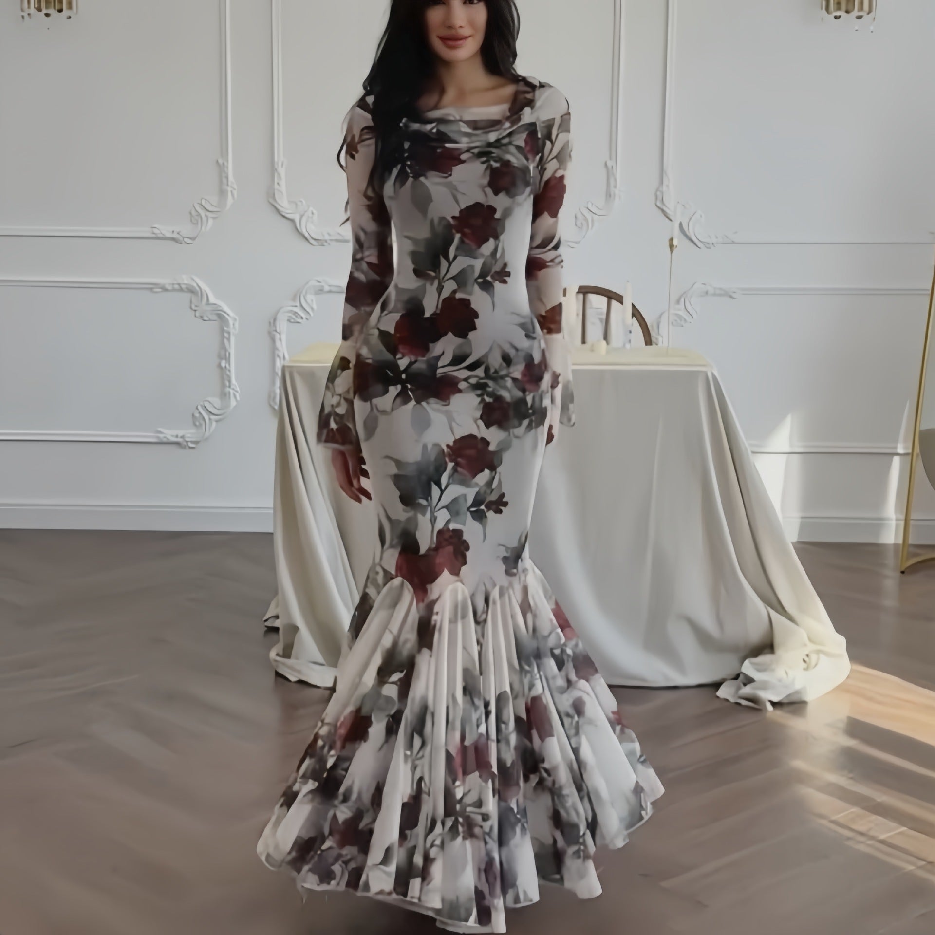 Valenzora | Floral Pattern Long Sleeve Long Skirt Dress