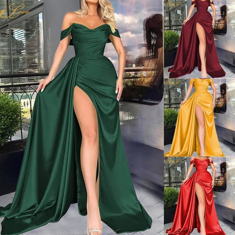 Women's off-the-shoulder evening dress with high leg slit and voluminous skirt, size [size missing]