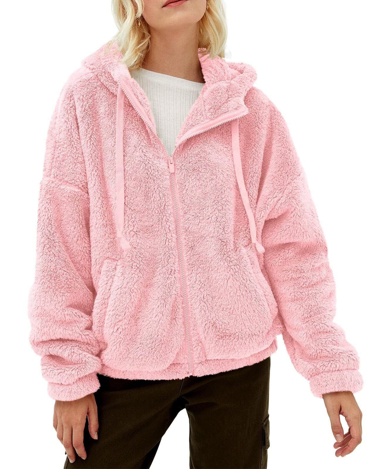 Women's Fluffy Hooded Jacket with Practical Pockets and Zipper, Size