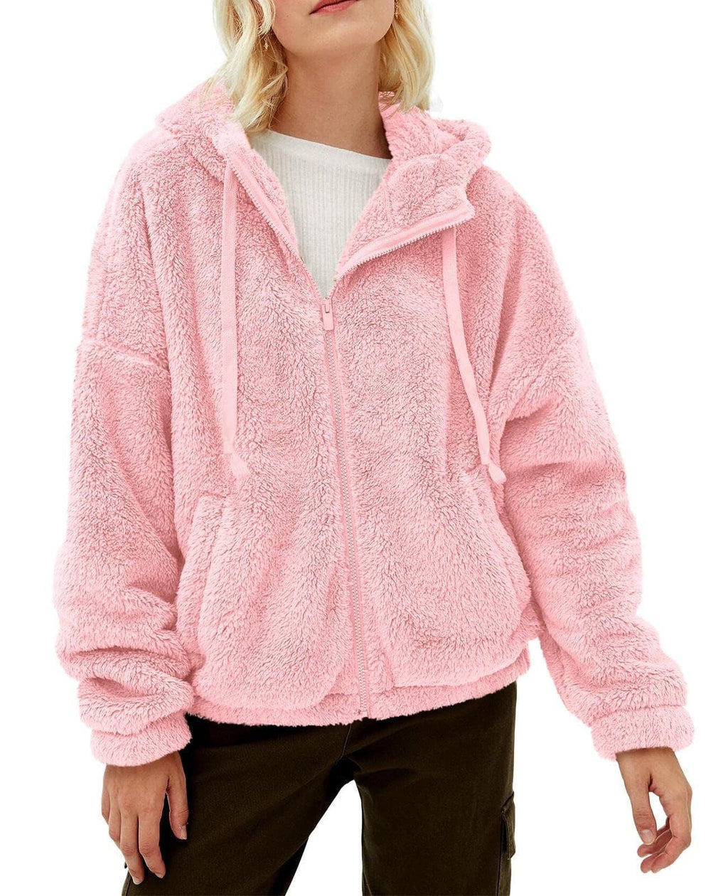 Women's fleece jacket with cozy lining and practical hood design, size S