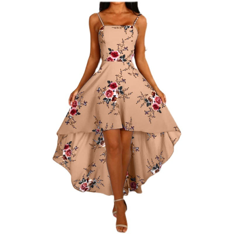 Damen asymmetrisches Blumenkleid mit dekorativen Spaghettiträgern und schwingendem Saum Drune