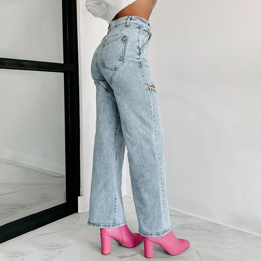 Valenzora | Casual studded ripped straight leg women's jeans