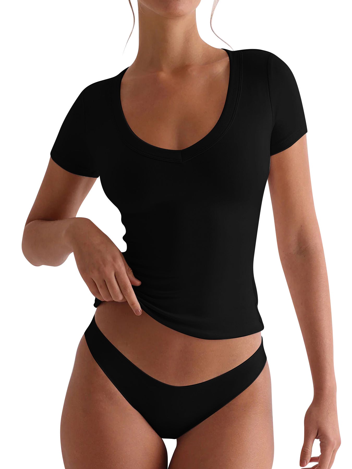 Tailliertes Damen-V-Neck-T-Shirt mit kurzen Ärmeln, Größe