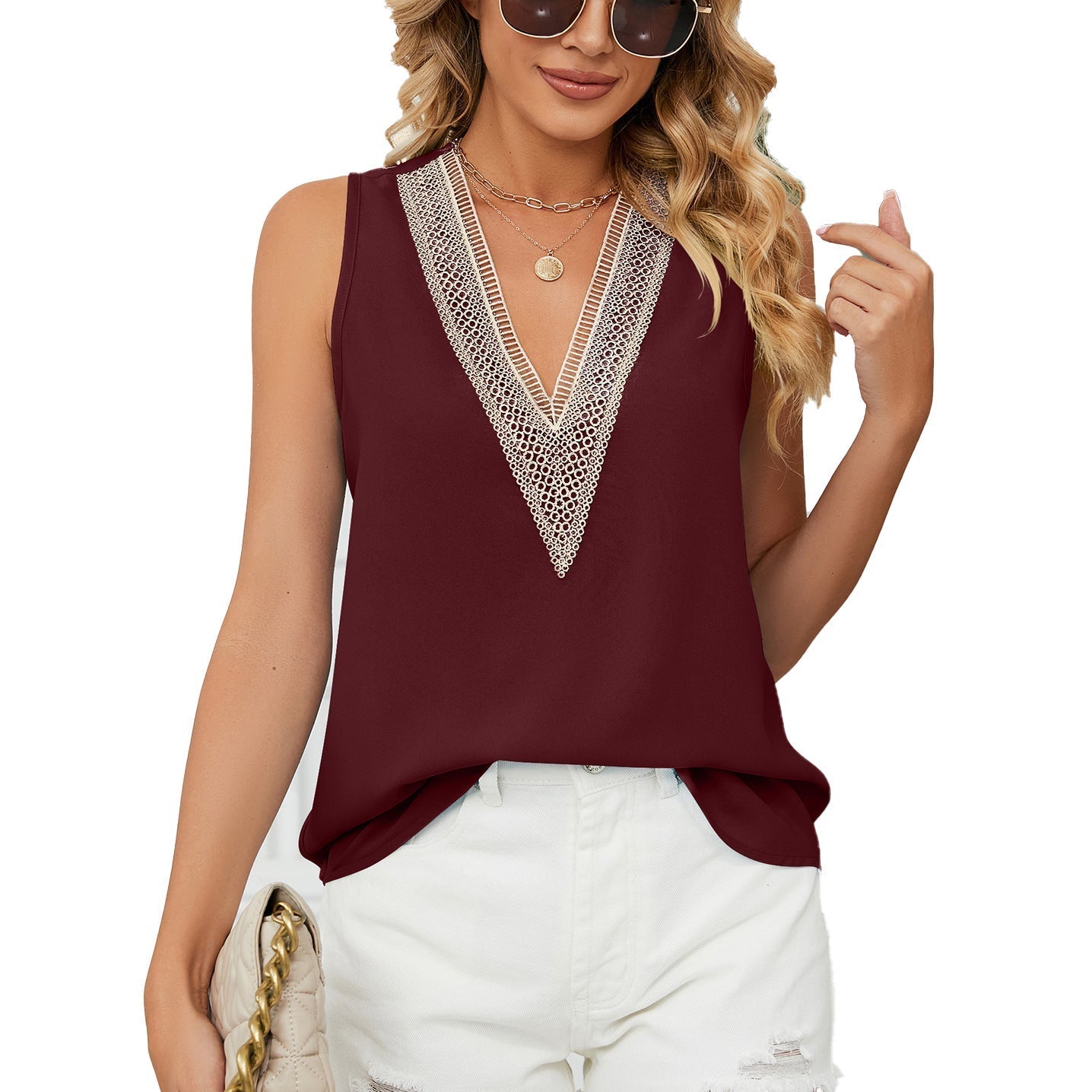 Women's sleeveless top with delicate crochet neckline, size