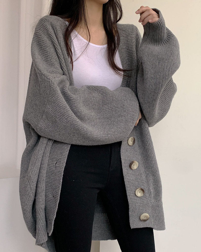 Valenzora V-neck single-breasted loose lantern sleeve knit cardigan