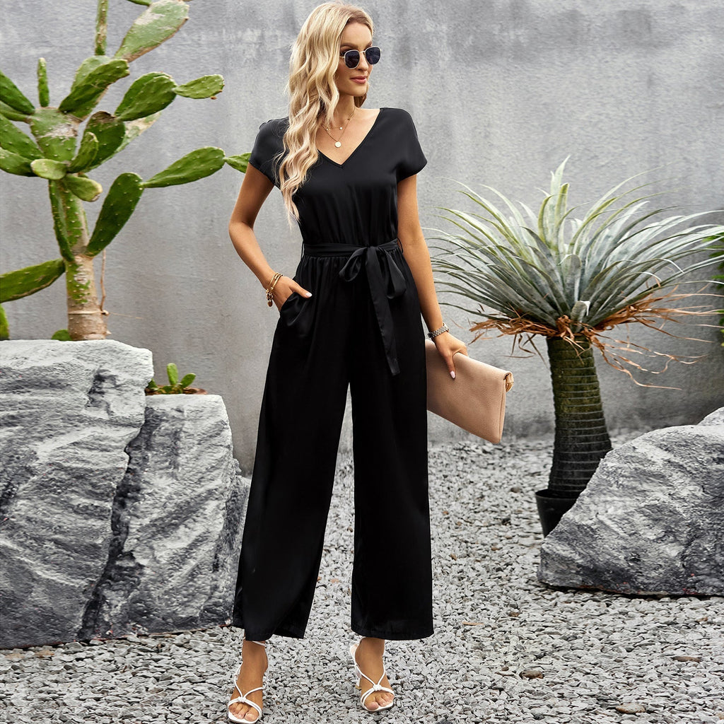 Women's elegant jumpsuit with V-neck and tie belt, size