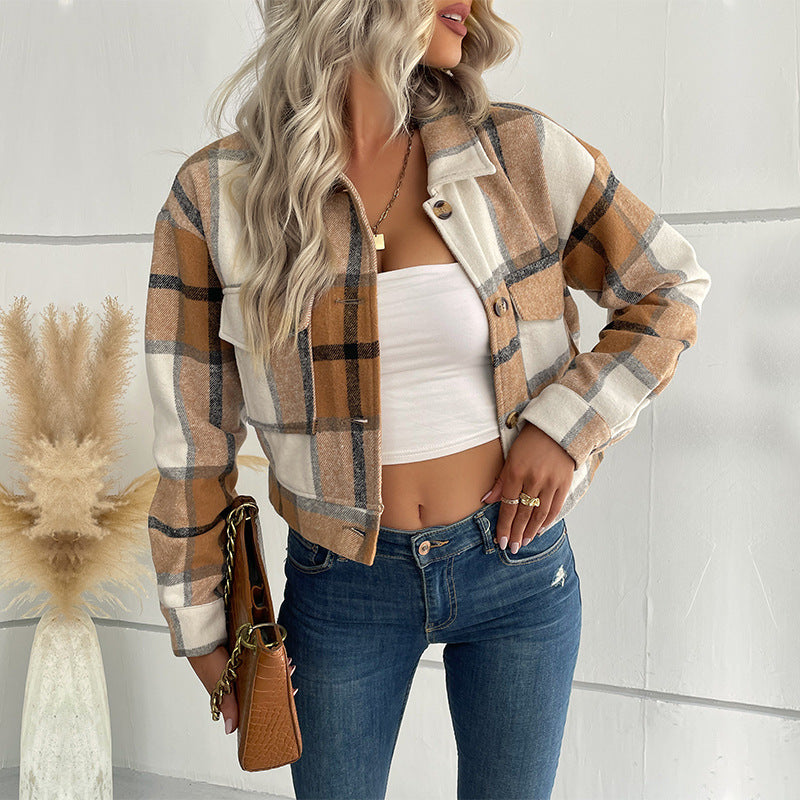 Women's checked blouson jacket with decorative buttons and chest pockets, size