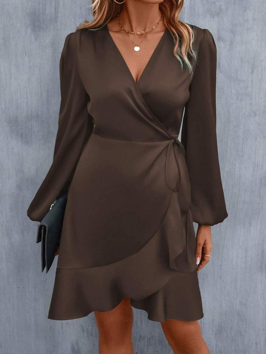 Valenzora | V-Ausschnitt-Kleid, Satin, tailliert, tiefer Ausschnitt, lässiges Midikleid, süße Damenbekleidung