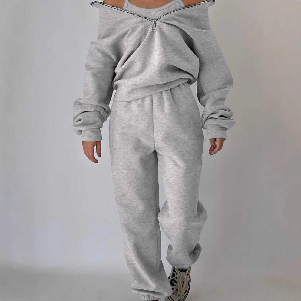 Women's casual oversized hoodie and jogging pants set with practical zipper, size [size]