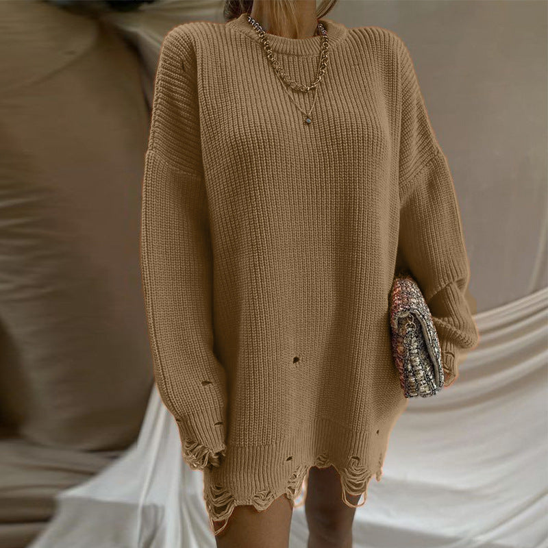 Valenzora Ripped O Neck Oversized Sweater Dress
