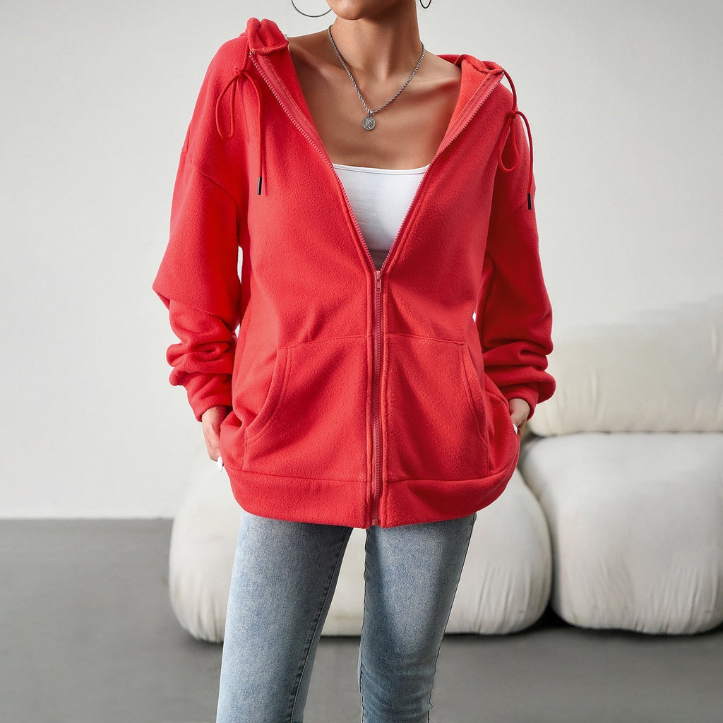 Women's fleece jacket with practical pockets and adjustable hood, size S