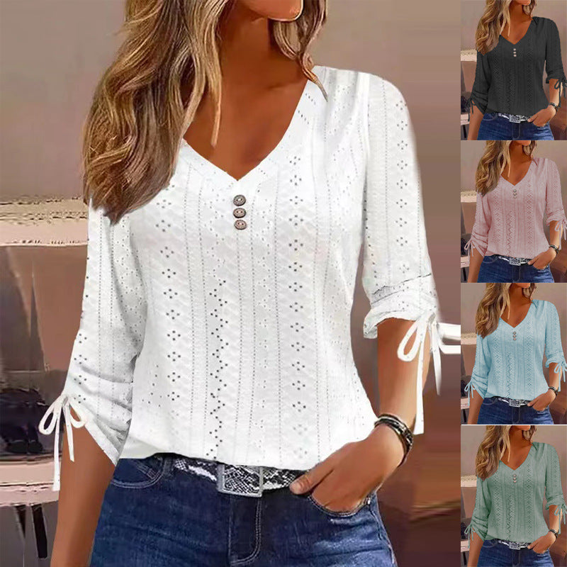 Women's blouse shirt with sophisticated openwork pattern and button details, size