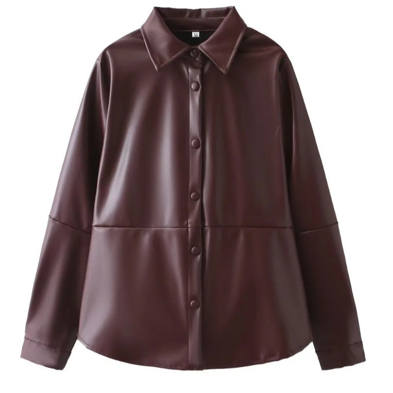 Women's Faux Leather Shirt Blouse Size