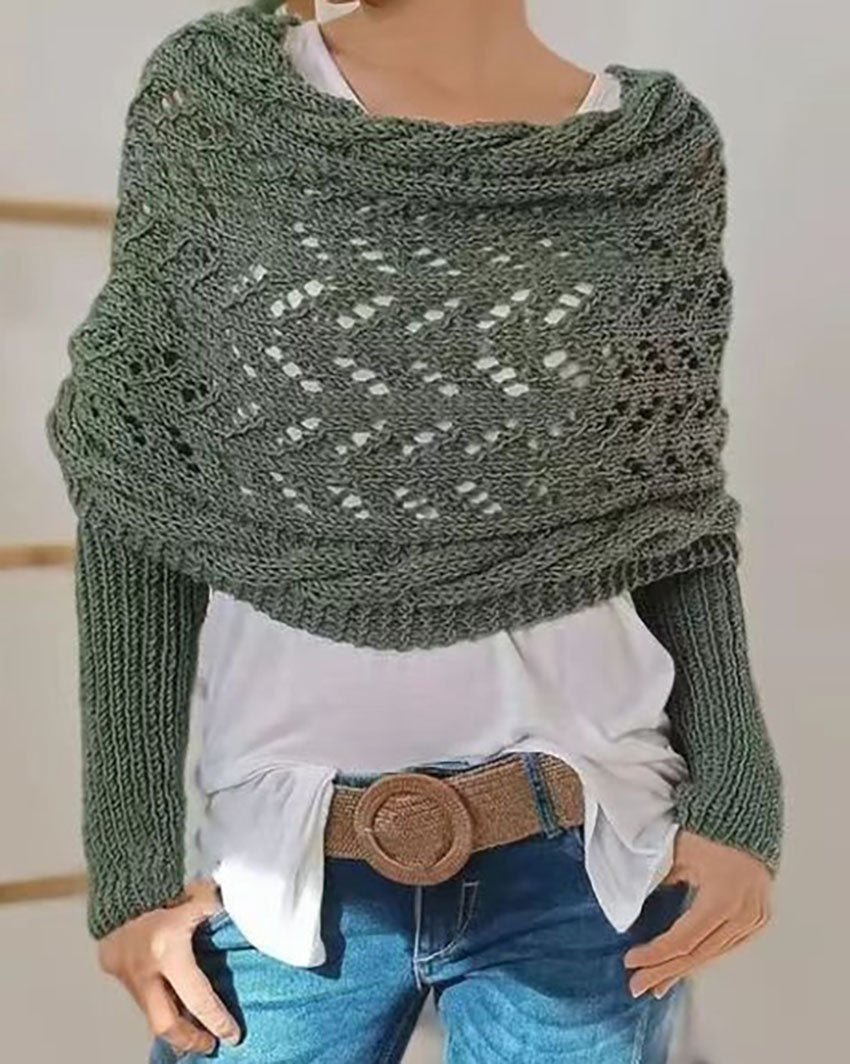 Valenzora Hollow Long Sleeve Knitted Scarf Sweater