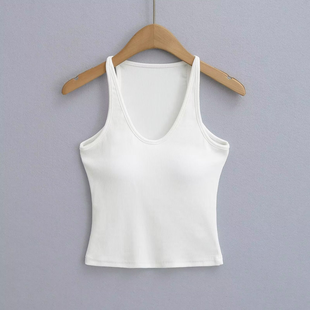 Women's sleeveless sports top with deep U-neck and elastic material, size S