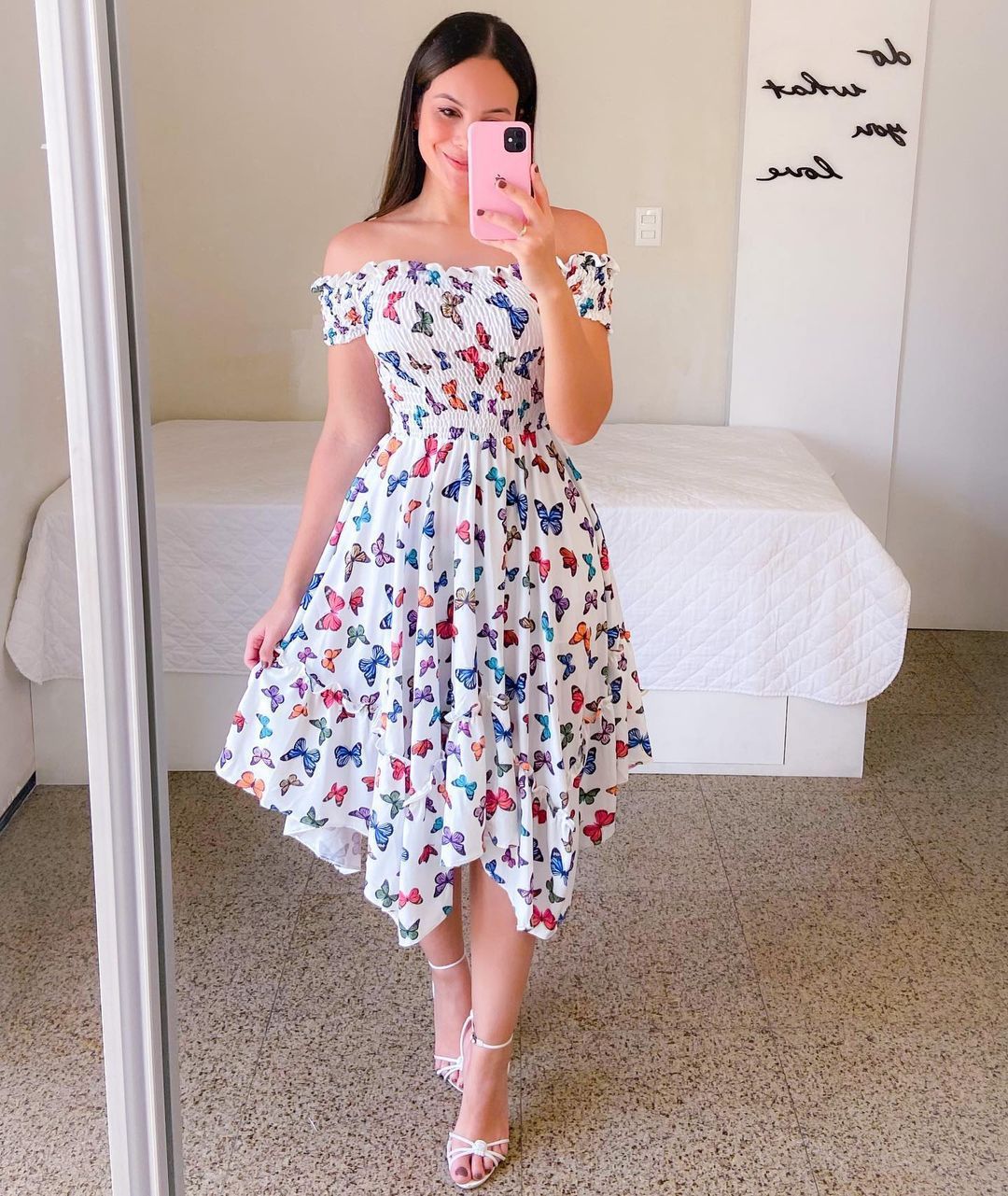 Women's summer off-the-shoulder dress with a colorful butterfly pattern and flowing pleats, size S