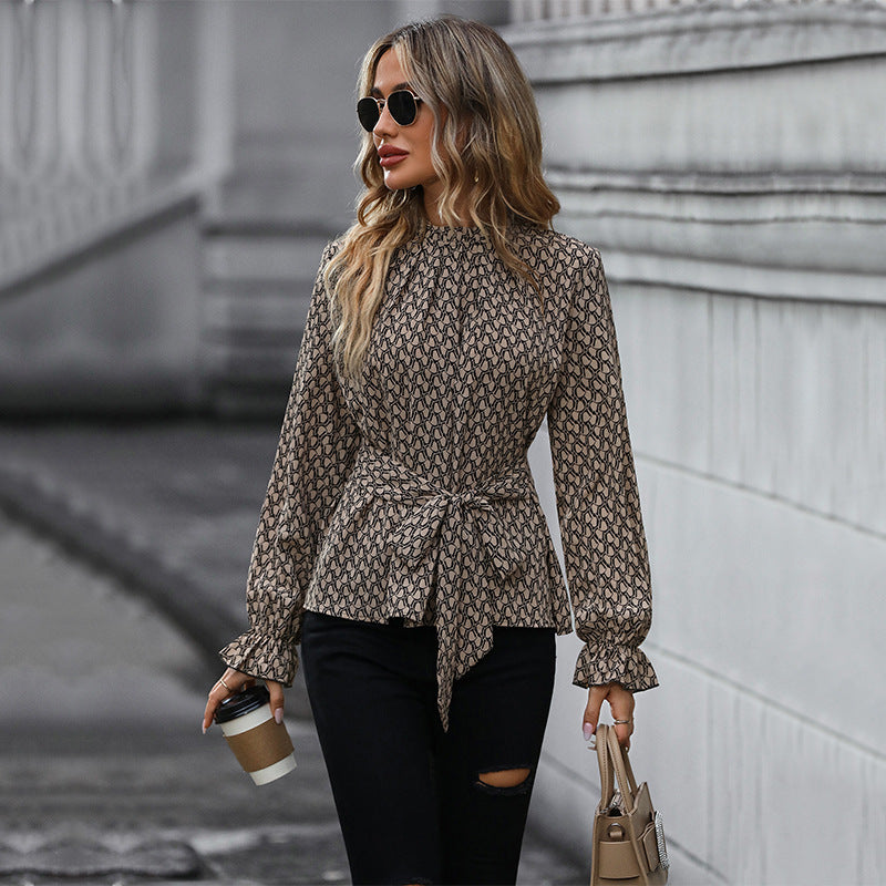 Women's blouse with elegant wrap design and decorative ruffle details, size