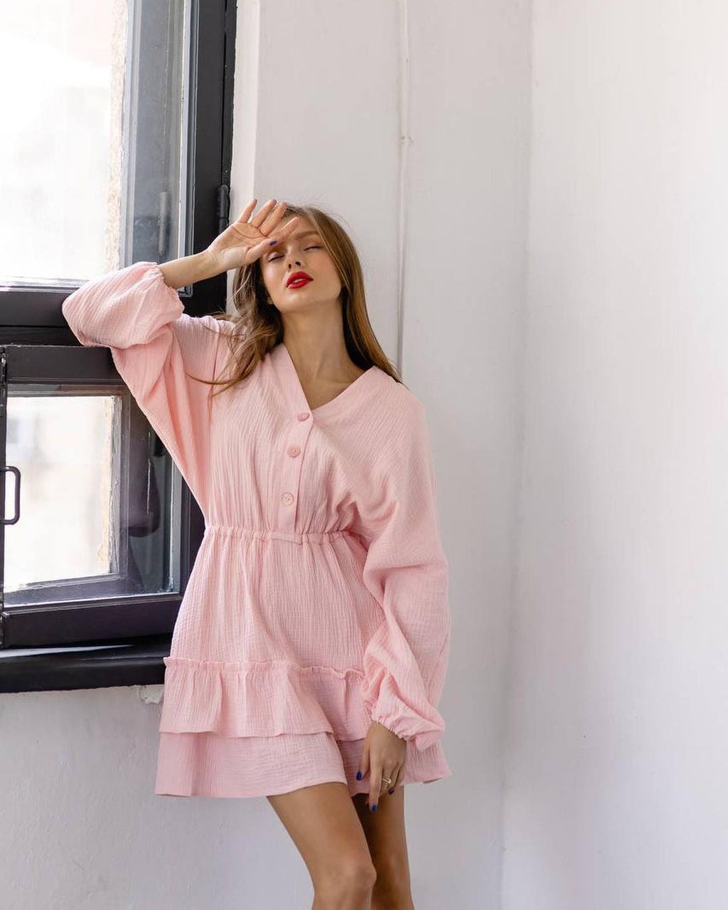 Women's casual babydoll dress with button details and voluminous sleeves, size [size missing]