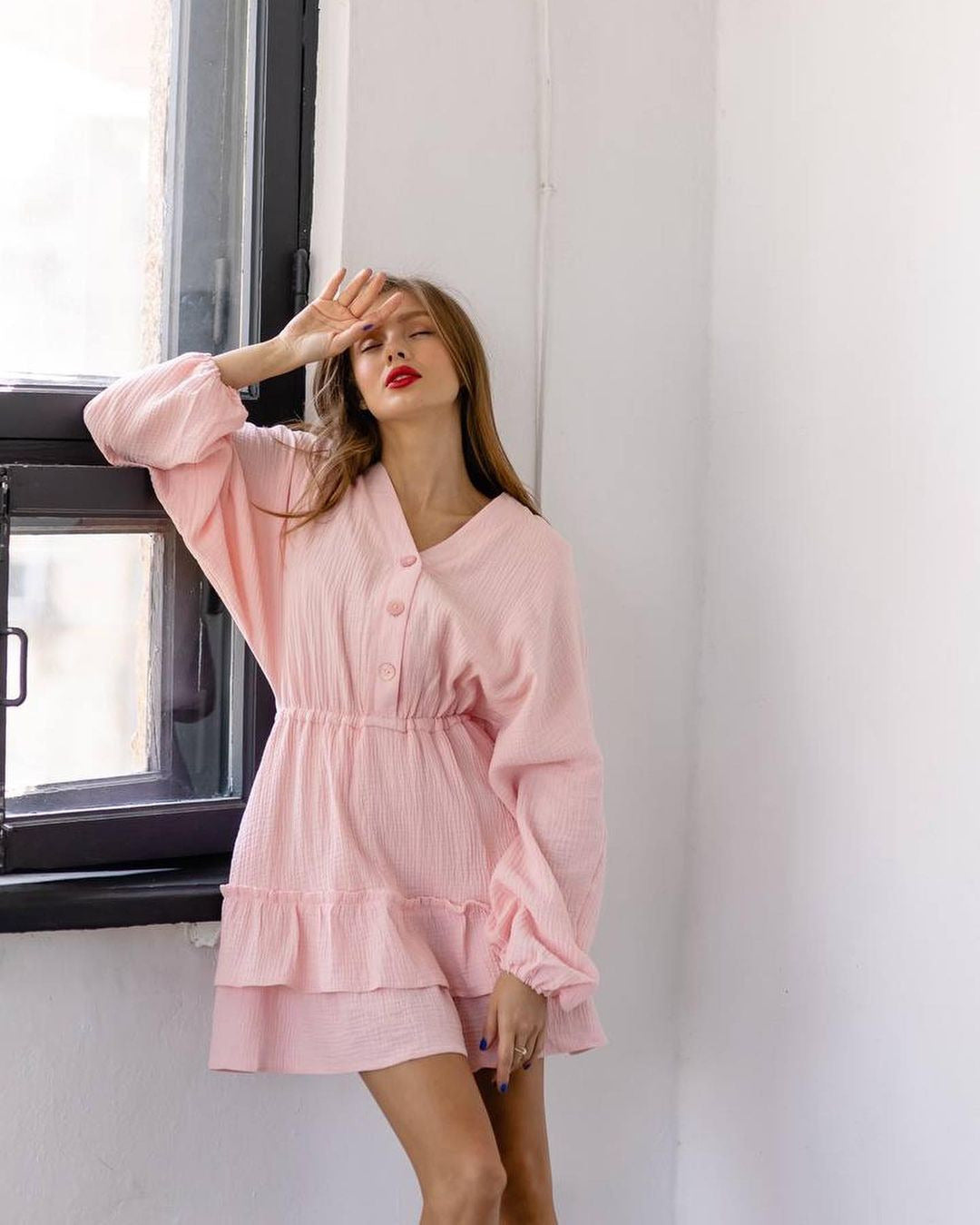Women's casual babydoll dress with button details and voluminous sleeves, size [size missing]