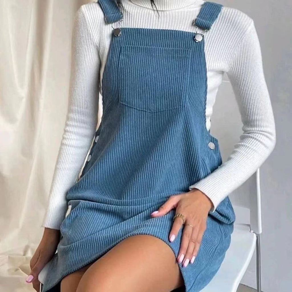 Women's corduroy pinafore dress with button details, size