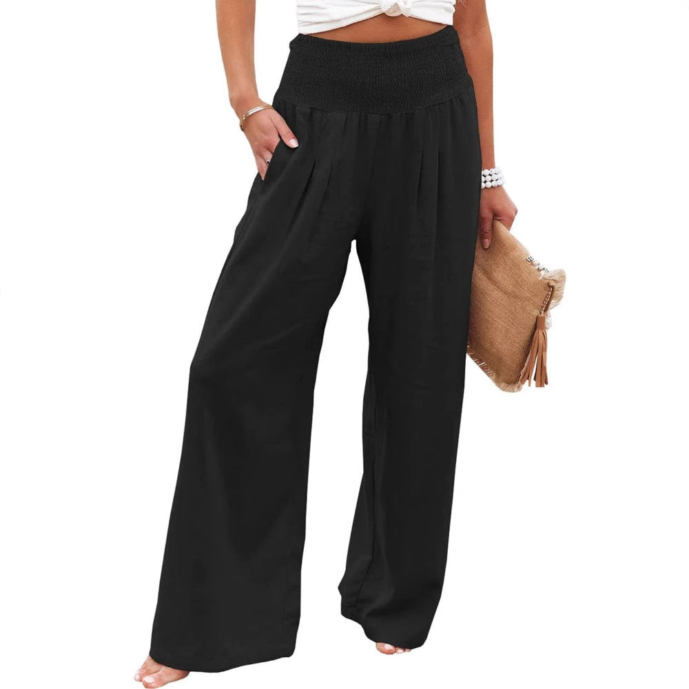 Damen-Leinenhose mit weitem Bein, elastischem Bund und Bundfalten, Größe