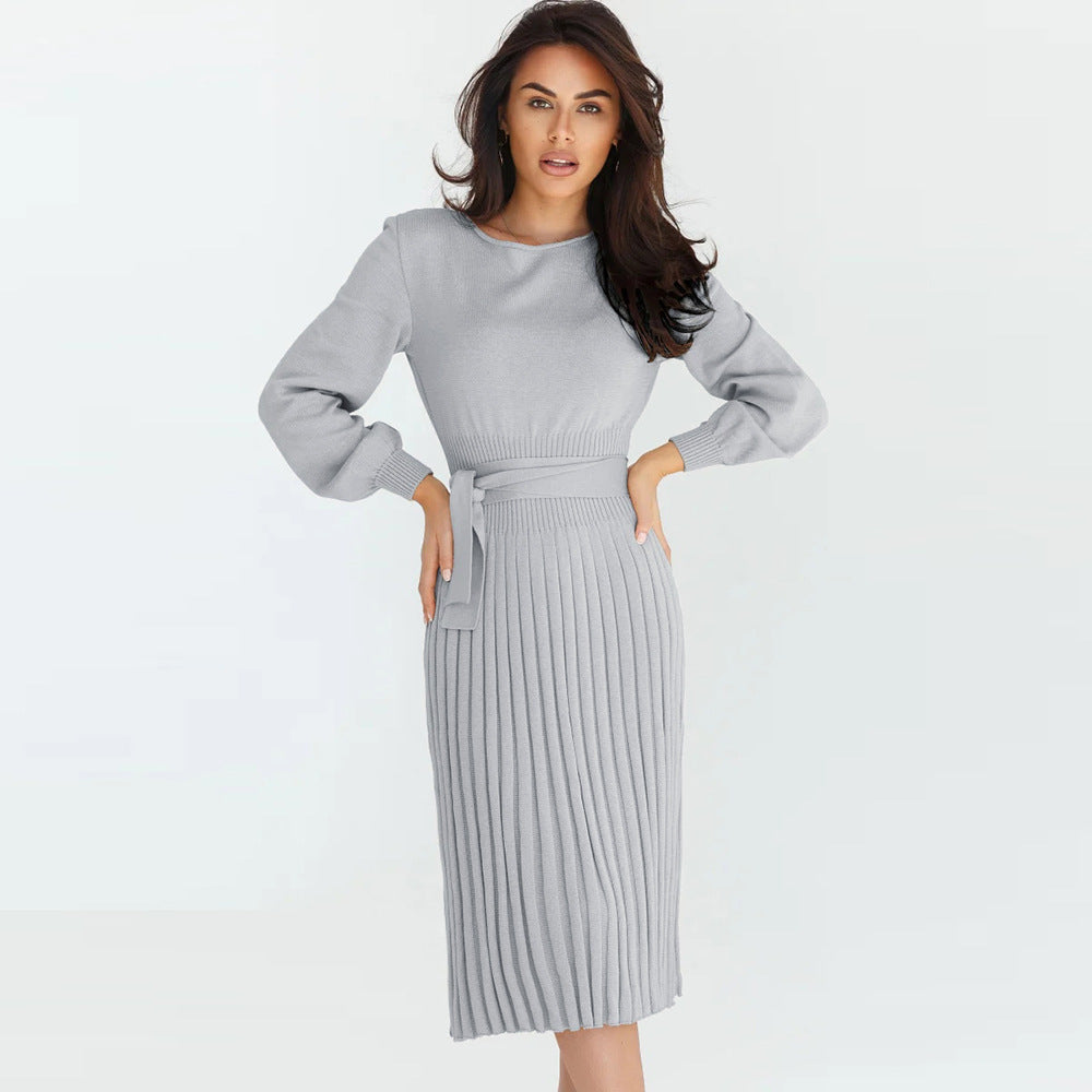 Damen-Strickkleid mit verstellbarem Gürtel und langen Ärmeln, Größe