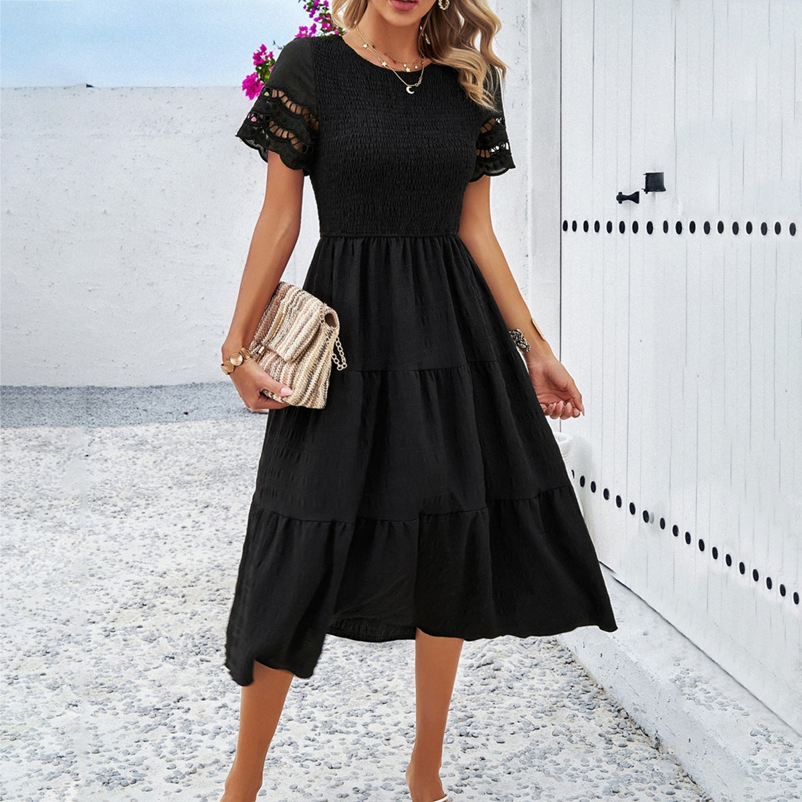 Damen Midikleid mit Puffärmeln und elastischem Oberteil, Größe