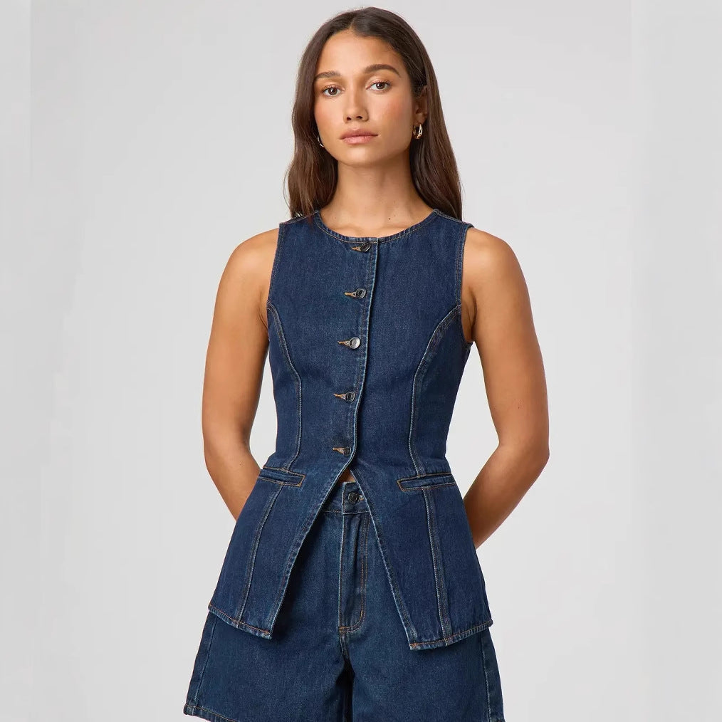Women's denim vest with a tailored cut and button details, size S