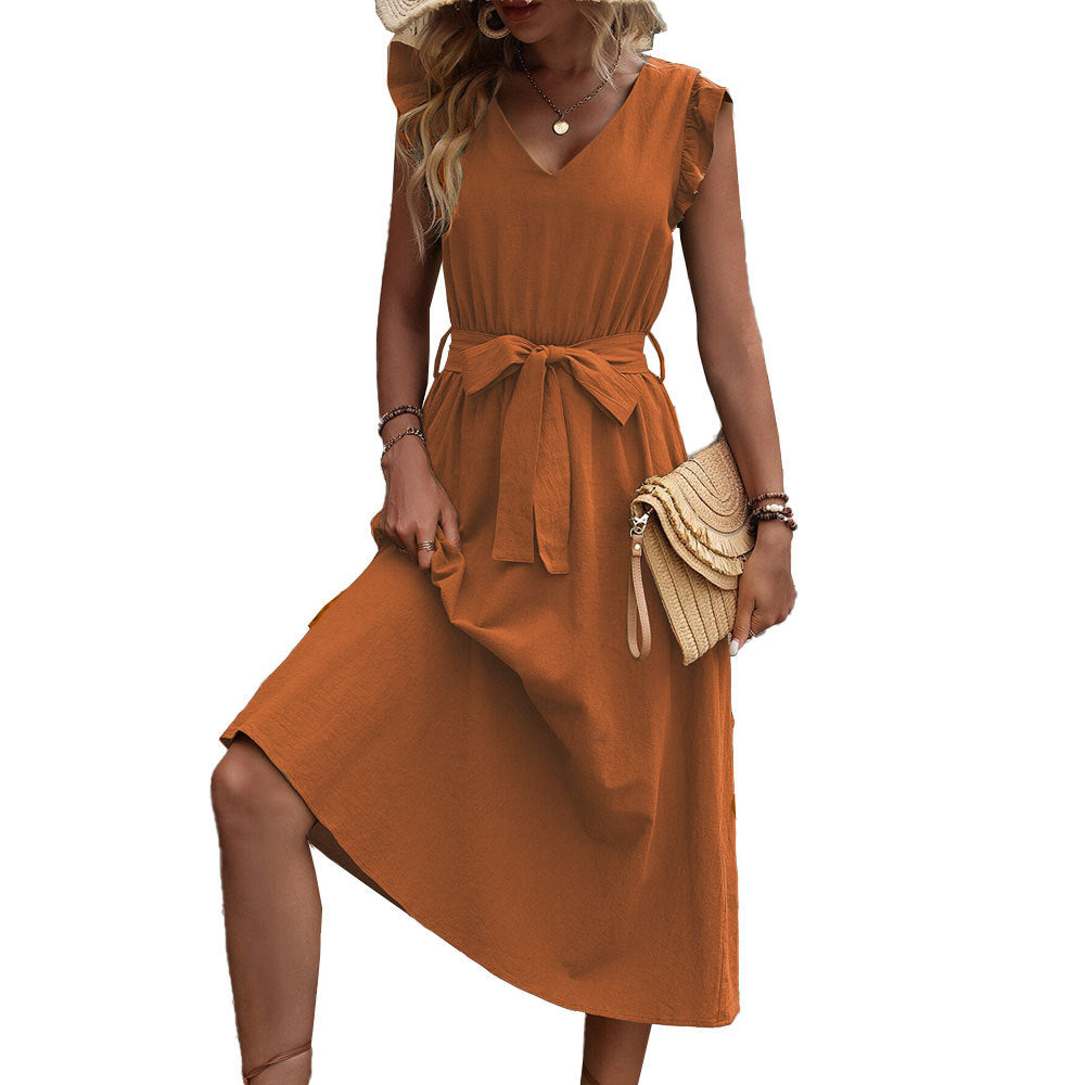 Women's midi dress with ruffle details and fitted tie belt, size