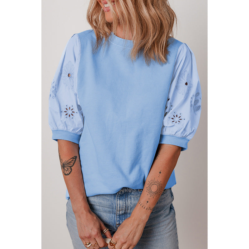 Damen-T-Shirt mit Puffärmeln und bestickten Akzenten, Größe Valenzora