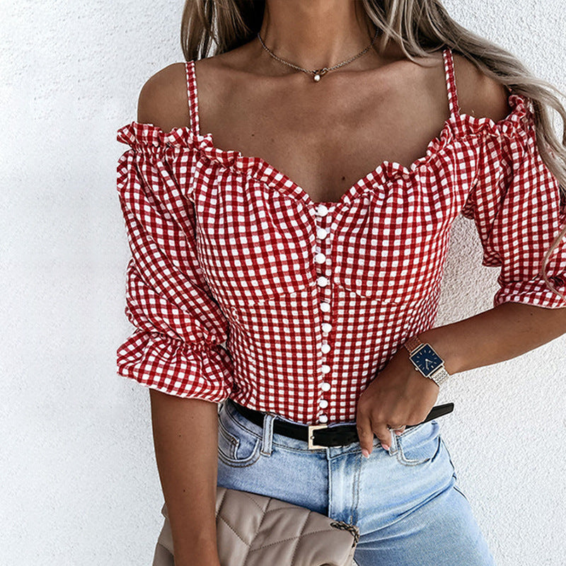 Damen Carmenbluse mit Rüschendetails und Karomuster, Größe [size missing]
