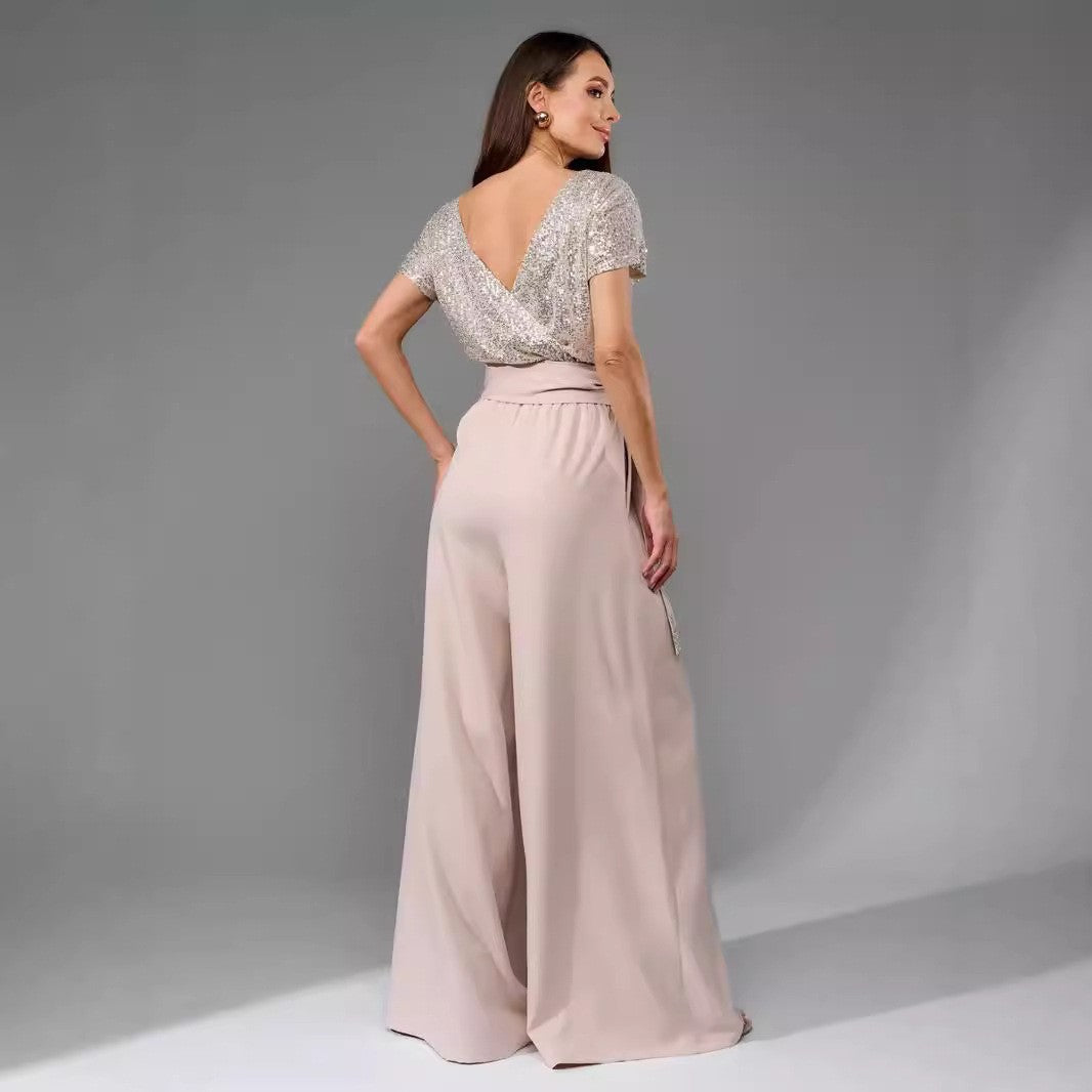Damen-Glamour-Jumpsuit mit Glitzeroberteil und weit geschnittener Hose, Größe