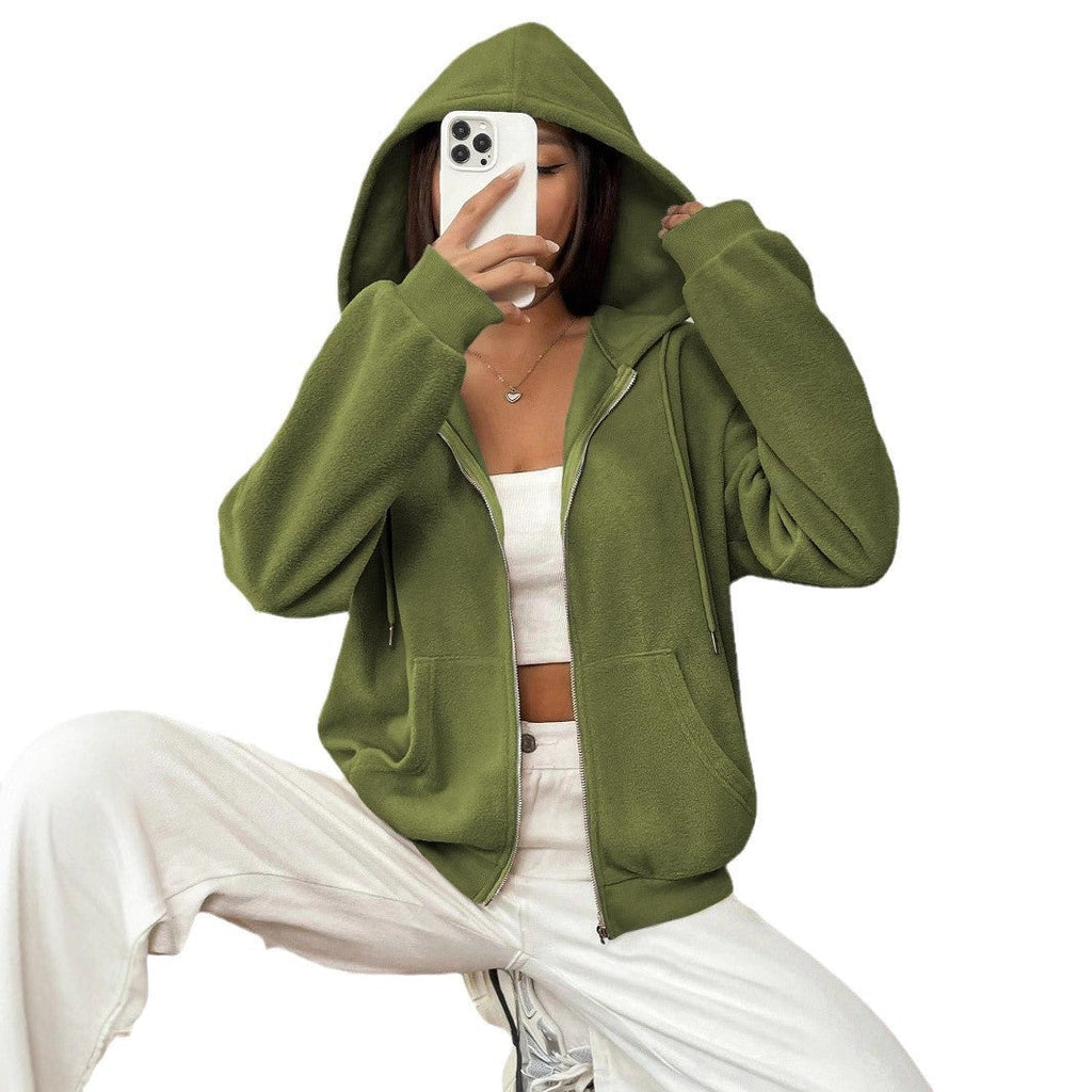 Women's fleece jacket with hood and practical pockets, size