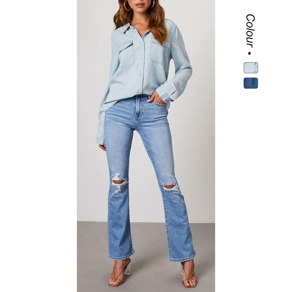 Damen-Jeanshemd mit Krempelärmeln und zwei Brusttaschen, Größe S
