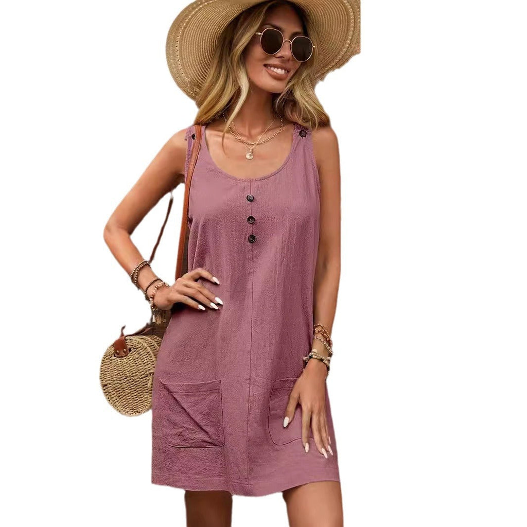Women's casual summer dress with button details and practical pockets, size