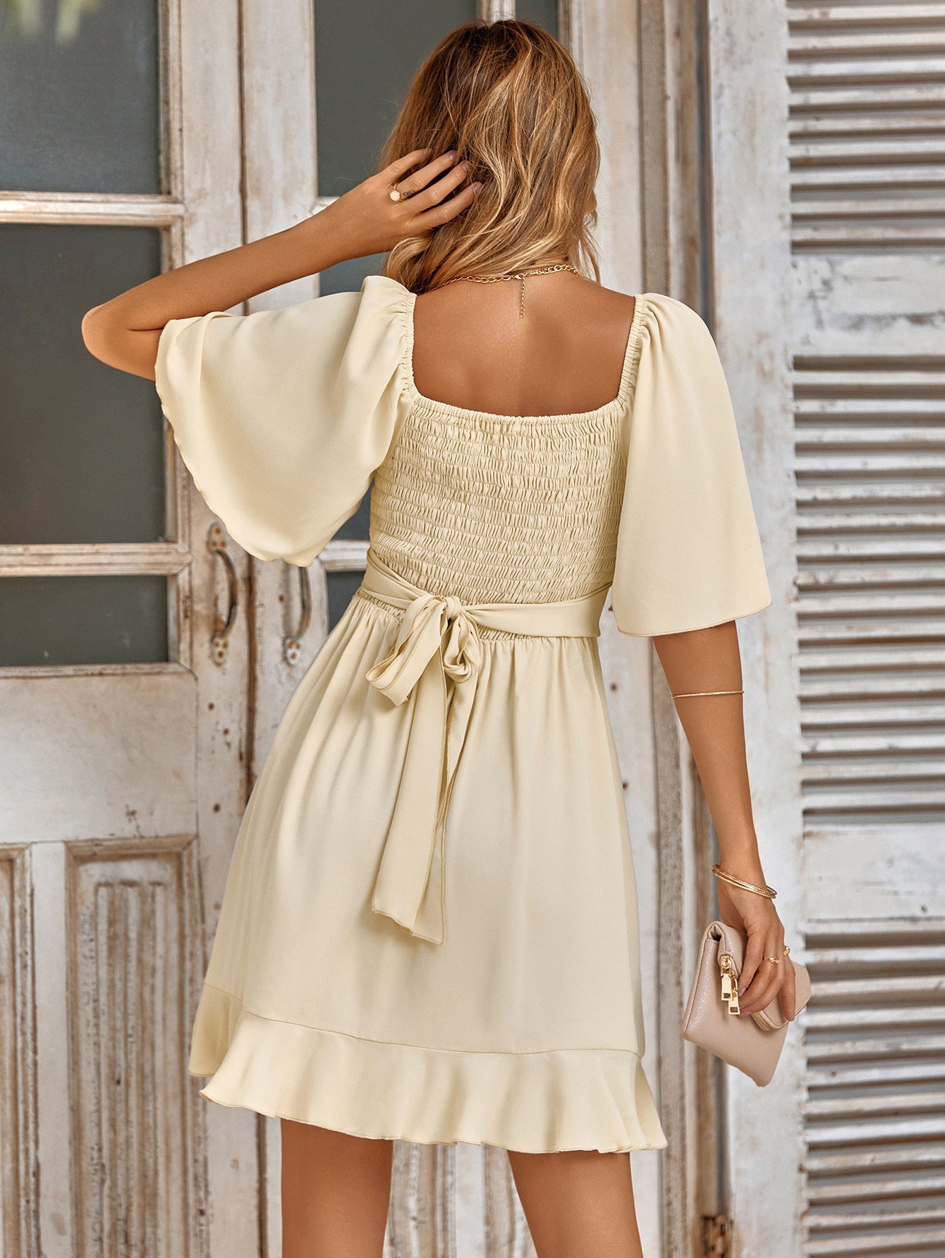 Valenzora | Casual Cross V-Neck Short Sleeve Wrap Solid Color Mini Dress