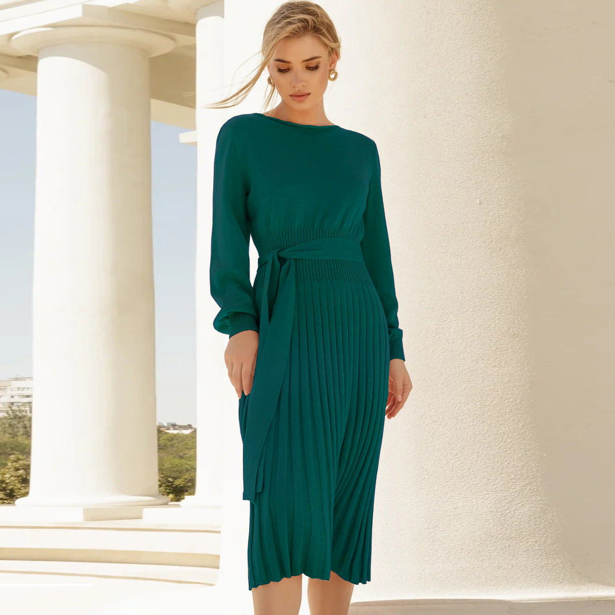 Damen-Strickkleid mit verstellbarem Gürtel und langen Ärmeln, Größe