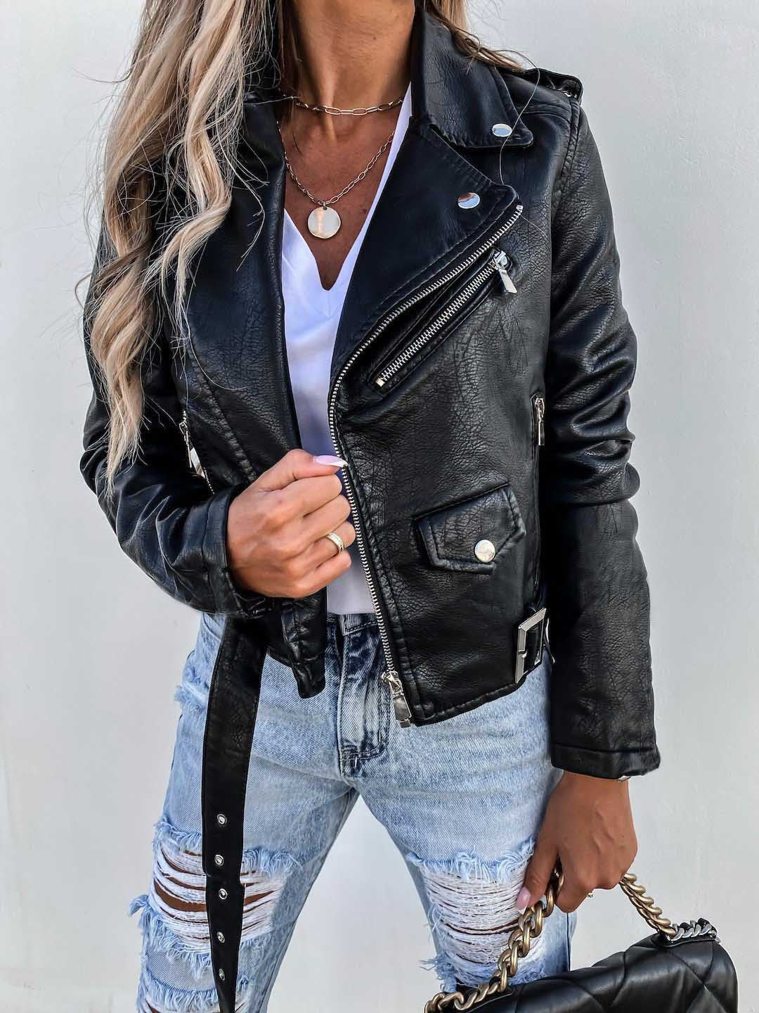 Valenzora-PU leather coat, short zip jacket