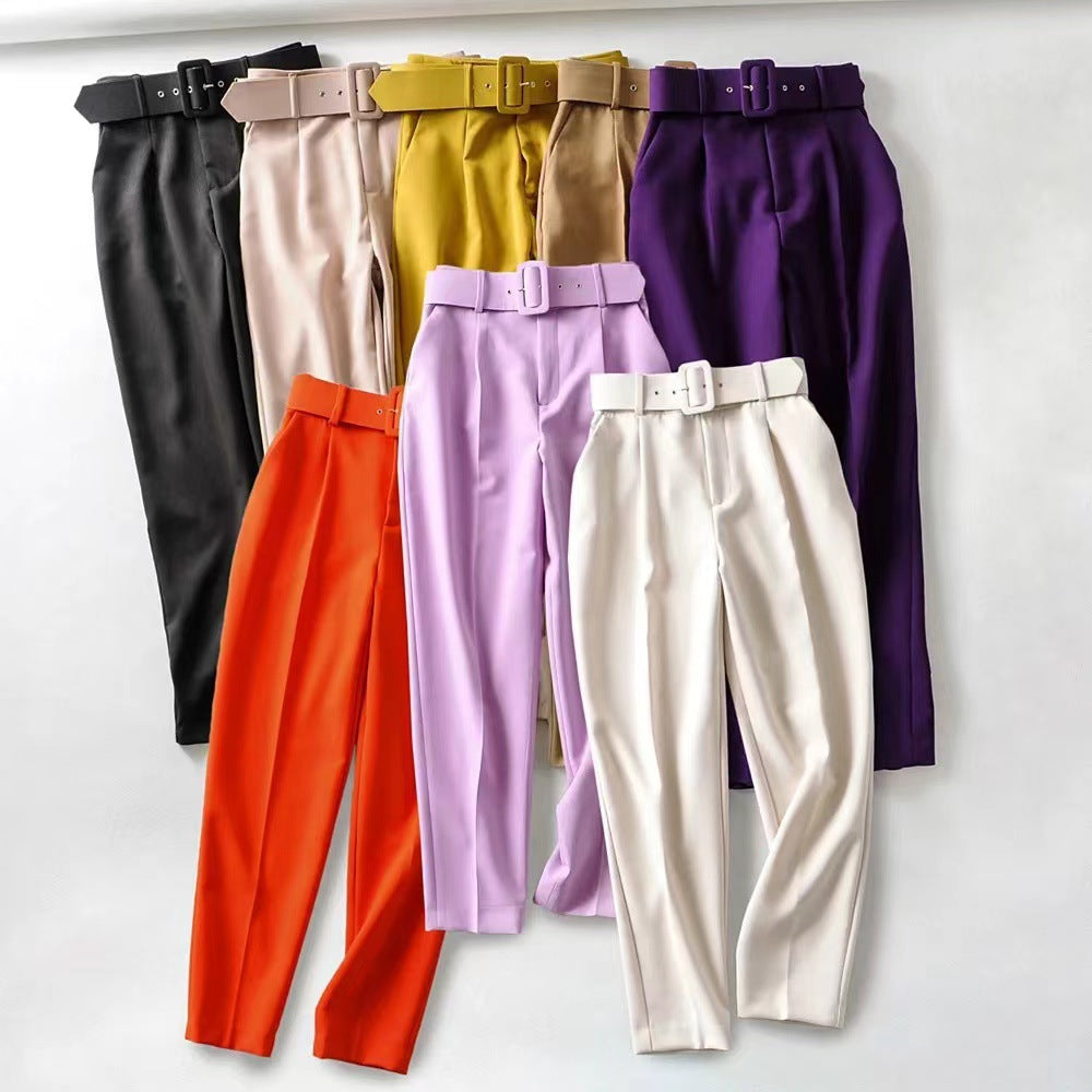 Women's wide-leg high-waisted trousers with a stylish belt, size