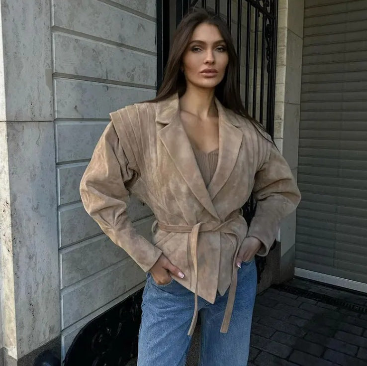 Women's transitional jacket in soft suede with adjustable belt and voluminous sleeves, size S