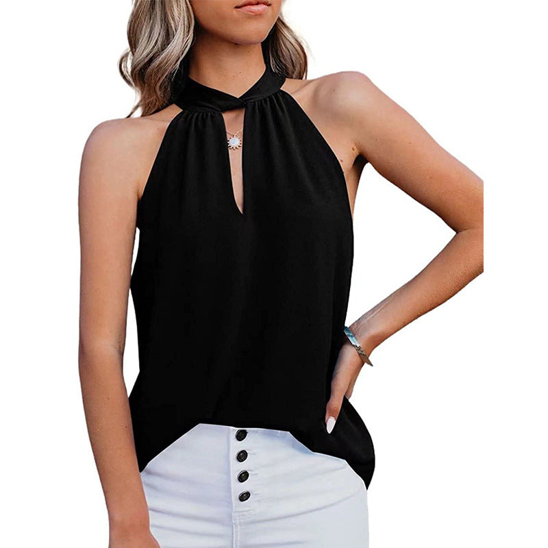 Women's sleeveless top with a chic slit neckline and fine texture, size Valenzora